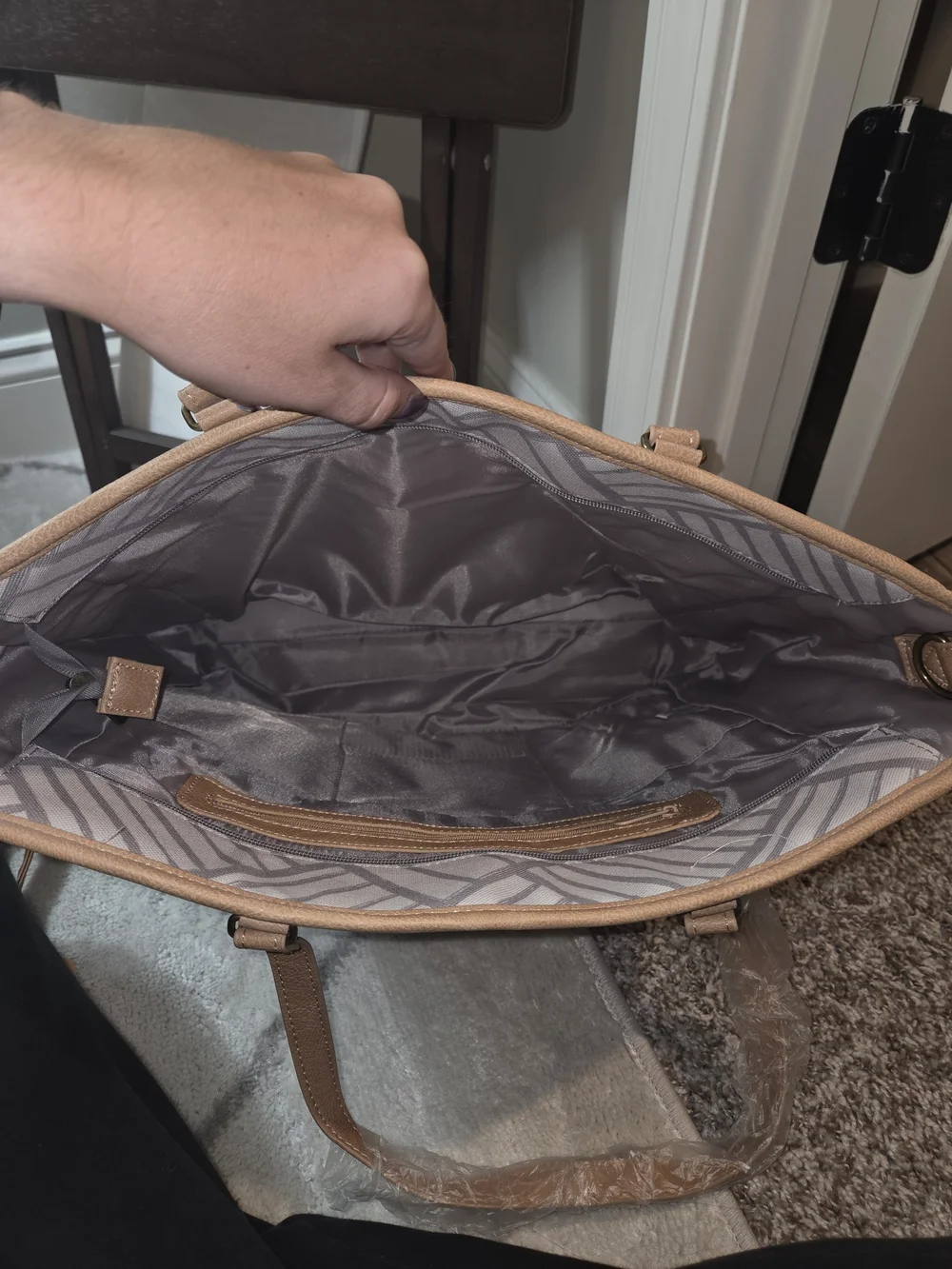 Gray Patterned Tote with Tan Trim